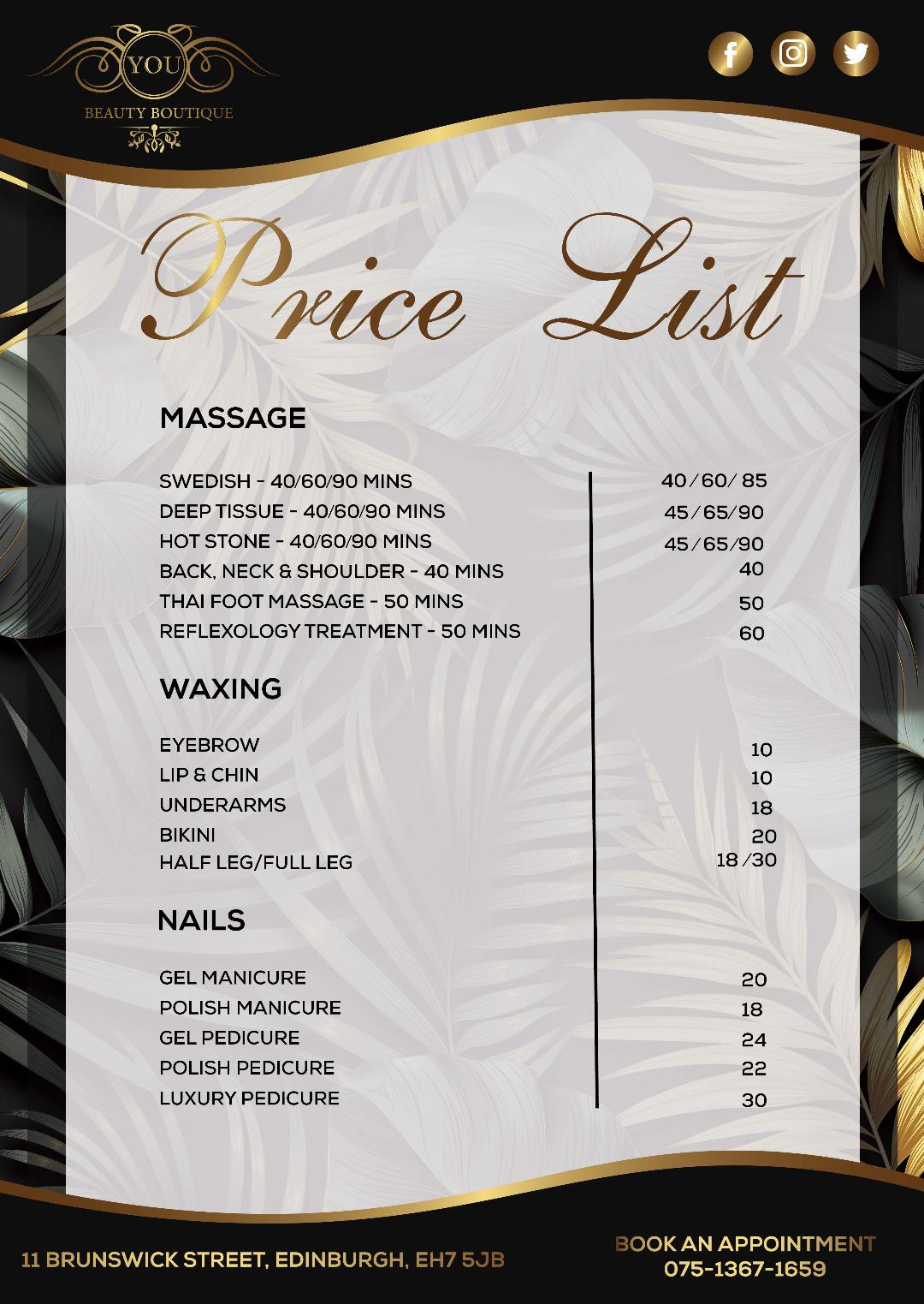 YOU price list